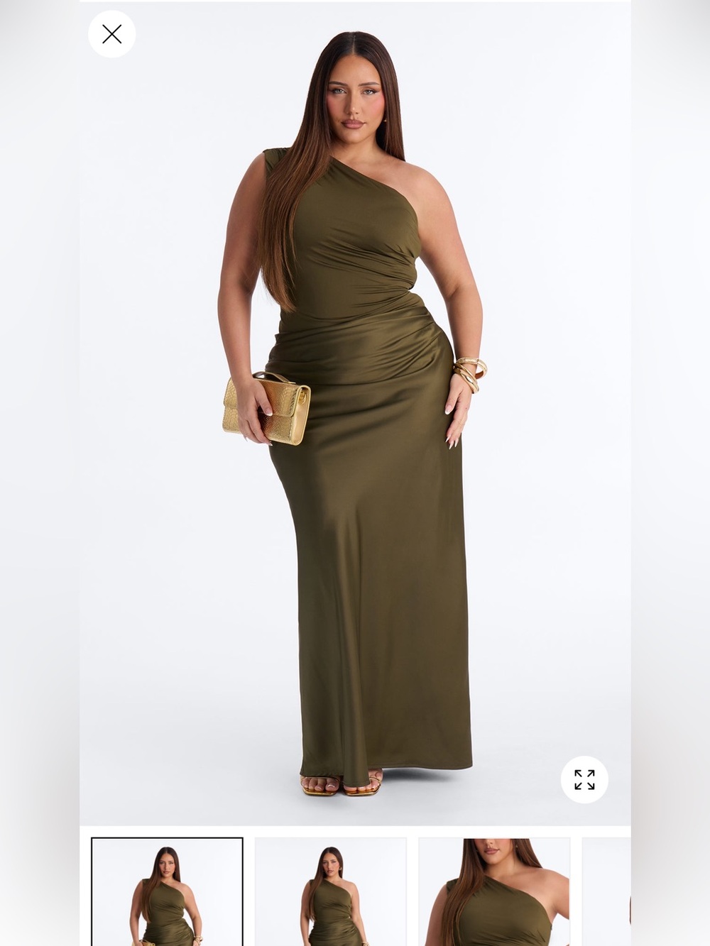 Fashion Nova Olive Green One-Shoulder Ruched Evening Gown